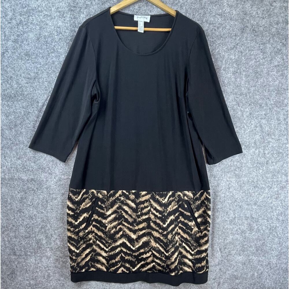 Joseph Ribkoff Shift Dressβ Womens 22 Black Gold ZigZag Knit Accent Career Comfy